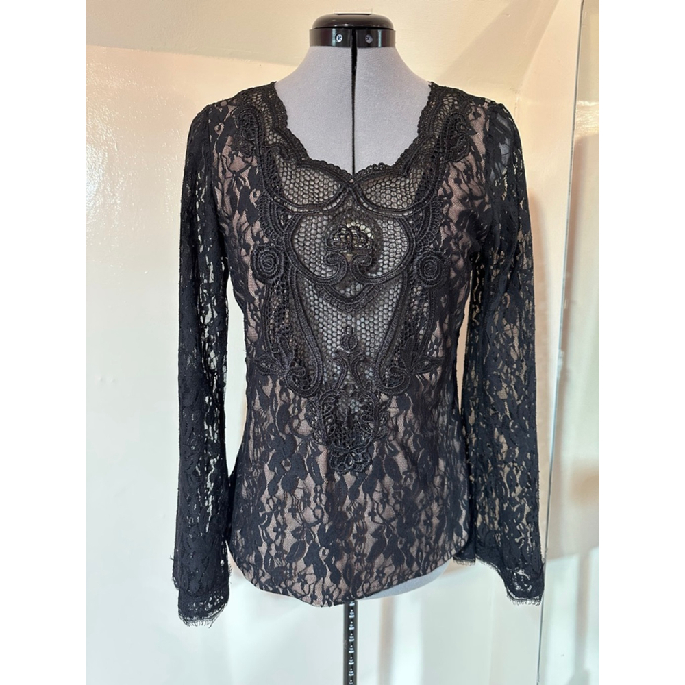 Women's Cappuccino Black Beige Lace Long Sleeve Blouse Size S